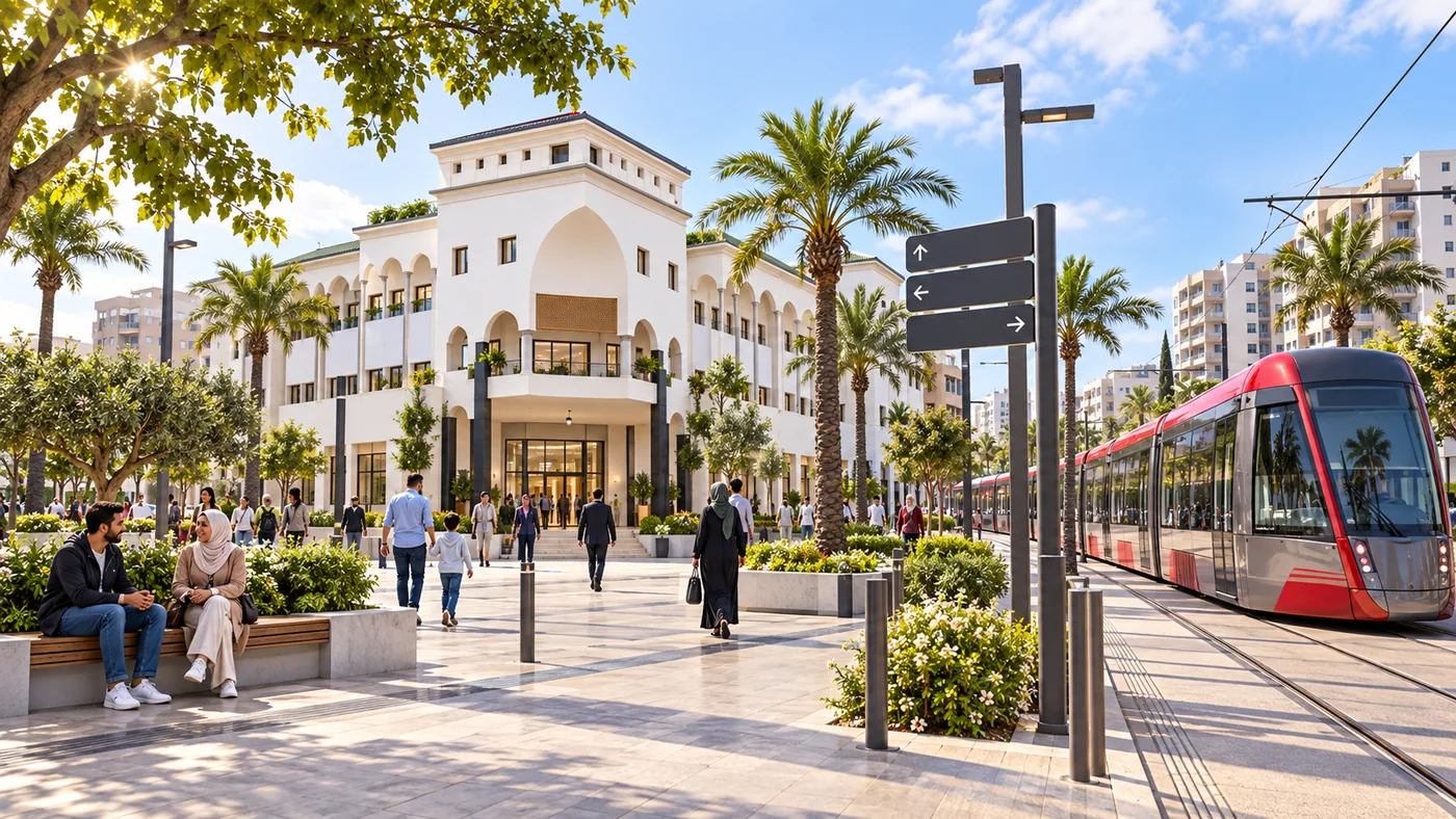 3D civic plaza visual inspired by Sidi Bernoussi