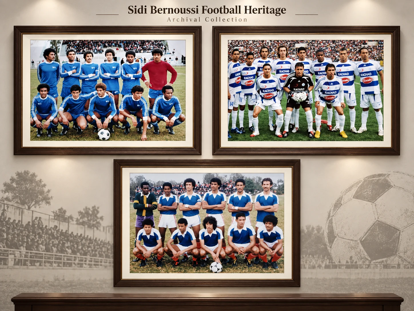 Framed football heritage wall featuring vintage blue-era Sidi Bernoussi team photos