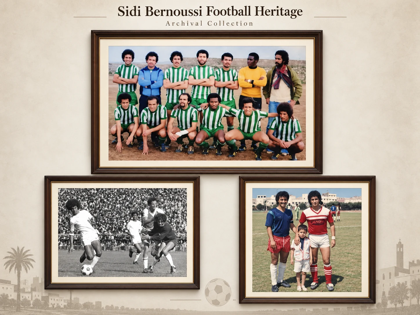 Framed football heritage collage with action photo, green striped team and family football memory