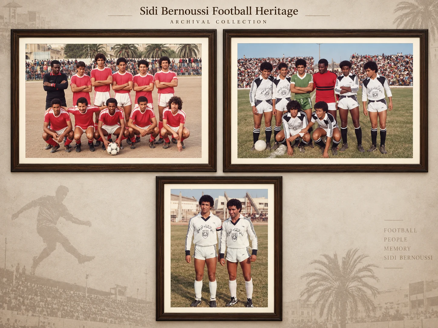 Framed football heritage collage with red kit team, black and white kit players and classic white uniforms