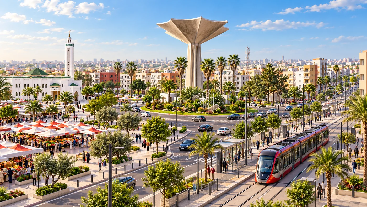 Professional 3D overview inspired by Sidi Bernoussi with tramway, market, mosque and landmark water tower